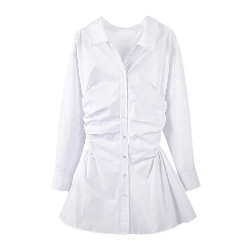 TWOTWINSTYLE White Casual Fold Pleated Gathered Waist Irregular Shirt Women's Dress