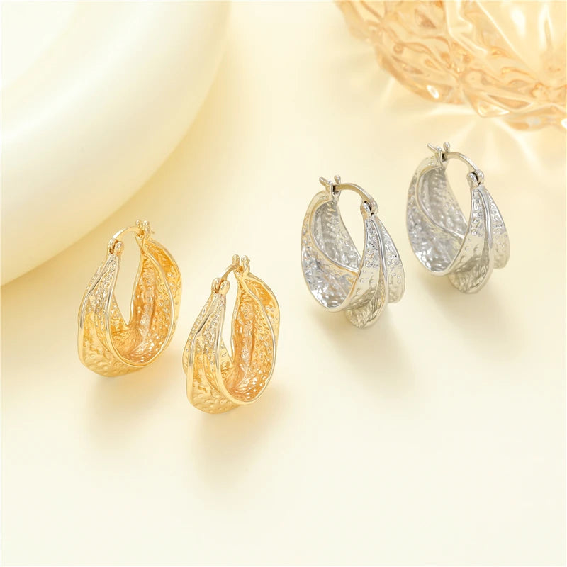 Jiexing Trendy Hoop Earring 14K Gold Plated Fashion Texture Shape Daily Design Hoop Loop Earrings for Women Girls