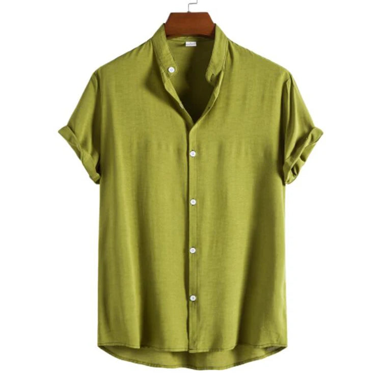RNSHANGER Summer Casual Men Shirts Stand Collar Solid Short Sleeve Streetwear Brand Shirts Size S-2XL Men Harajuku Top