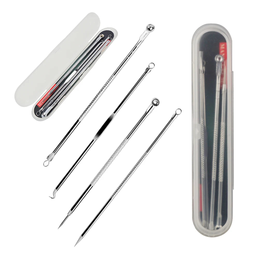 4PCS Silver Blackhead Extractor Acne Remover Needles Set Facial Pore Cleanser Tool Boxed