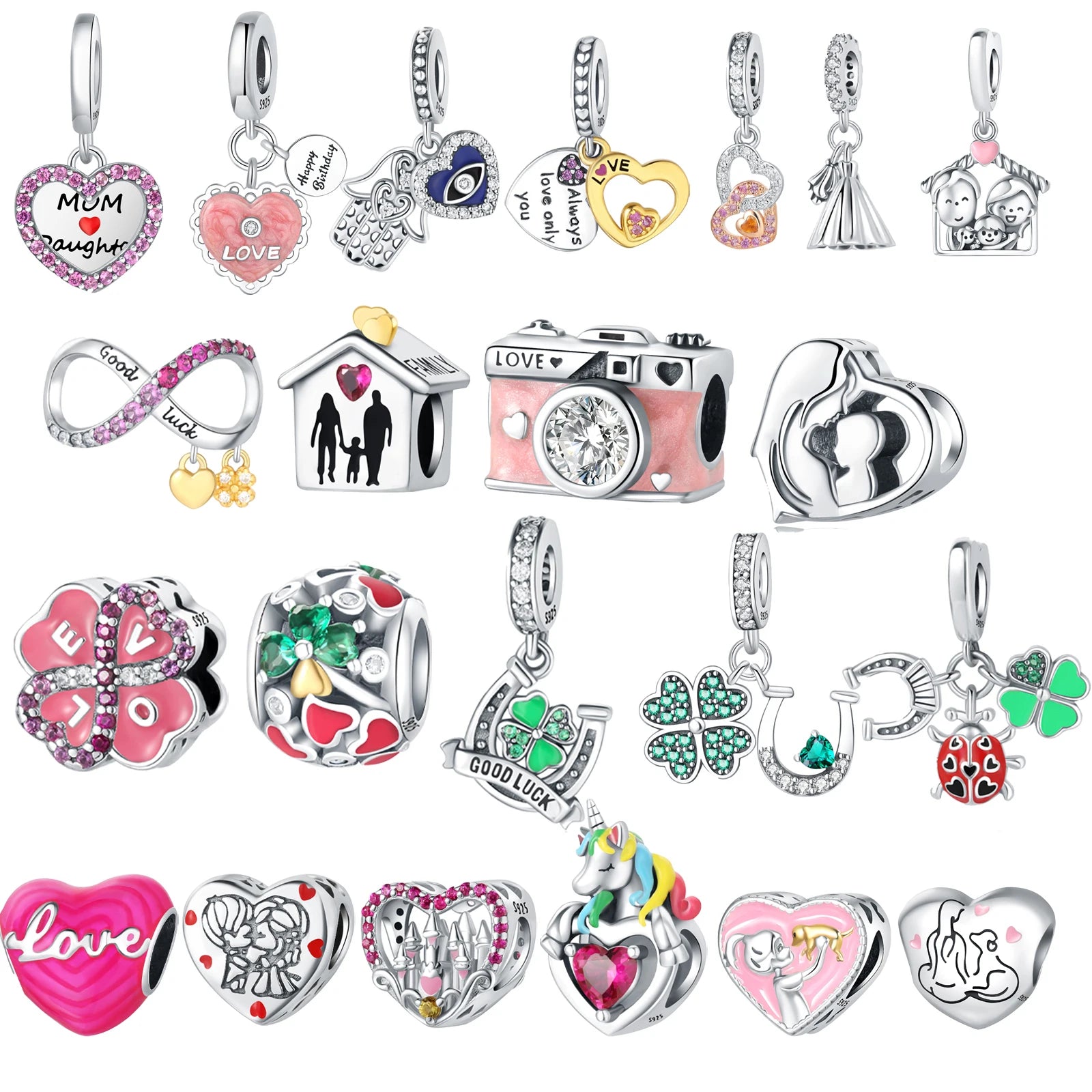 Wholesale Jewelry Accessories Plata S925 Silver Enamel Love Heart Clover Charm Bead Pendant for Necklace Bracelet DIY Gift