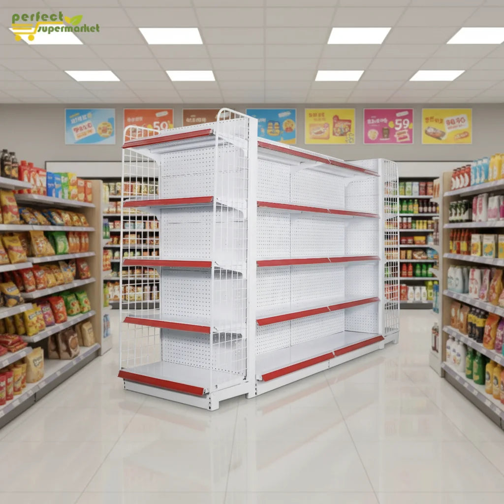 Steel White Metallic Supermarket Rack Gondola Shelves Double Back ISO Certified 120-160KG Capacity Perforated Design Epoxy