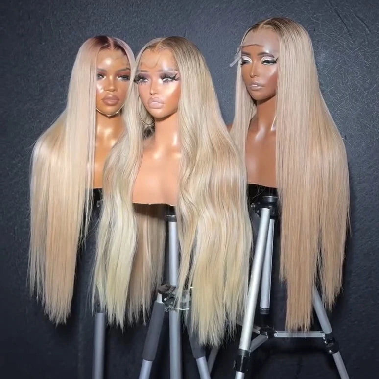Highlight Ash Blonde Brazilian Hair Ombre Grey 13*4 HD Full Lace Frontal Human Hair Glueless 9*6 Lace Closure Wig M Hairline