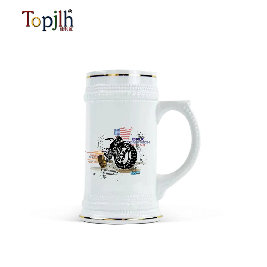 Topjlh Custom Logo Ceramic White Beer Stein Personalized Sublimation Ceramic Mug With Coatings for Parties Bar Use Hot Selling
