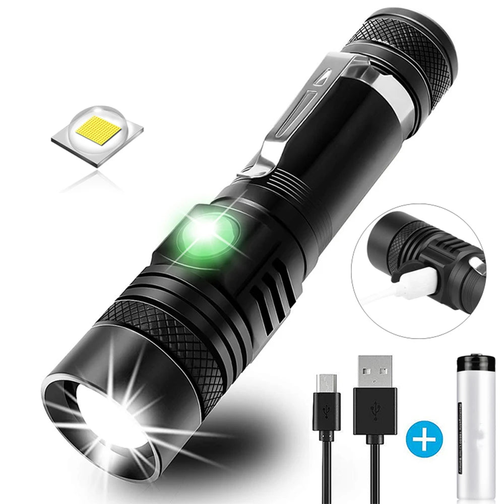 Helius Multi-function Long Range T6 LED Lamp Beads Zoomable 3 Lighting Modes Waterproof Usb Rechargeable Led Torch Flashlight