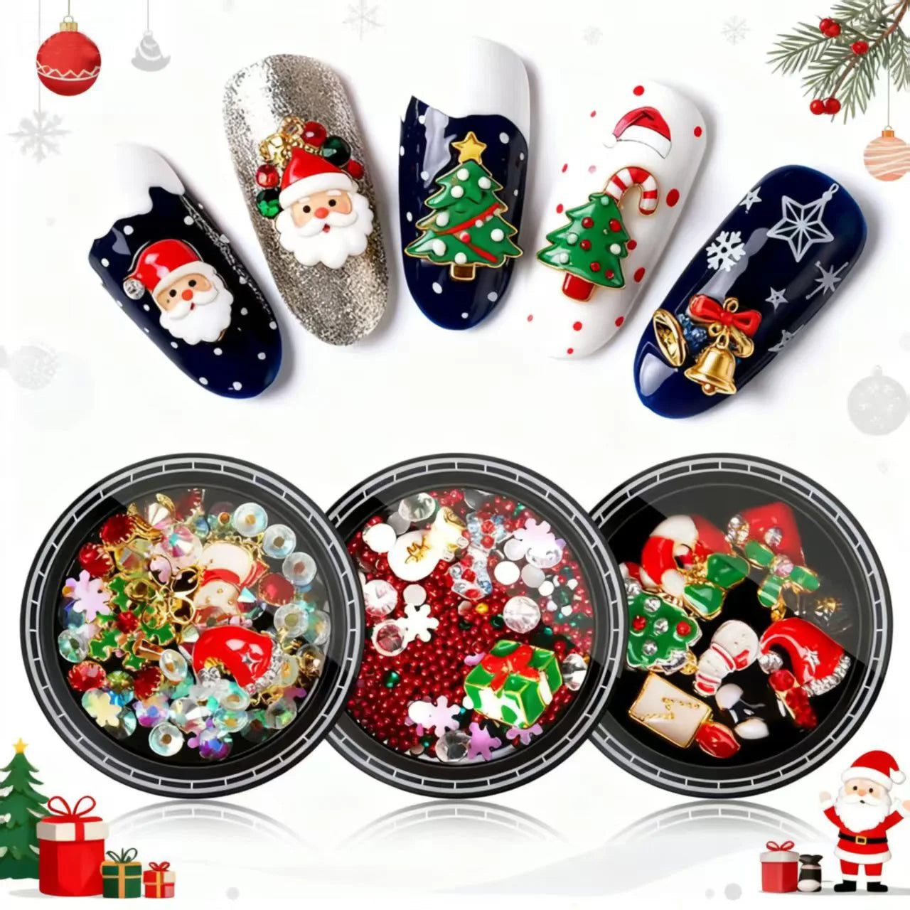 3D Luxury Metal Alloy Santa Reindeer Snowman Snowflake Garland Nail Diamonds Art Jewels Stones Rhinestones