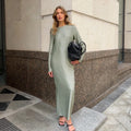 Solid Plain Buttoned Round Neck Sleeved Loose Casual Women's Dresses Autumn Ladies Satin Modest Simple Long Dress With Slit