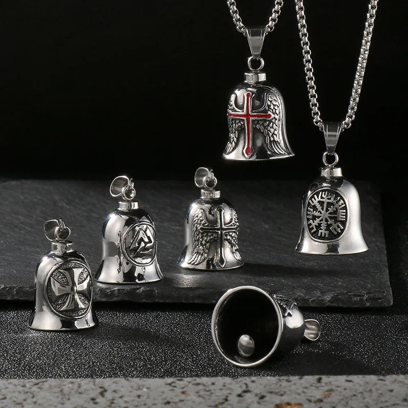 Viking Jewelry Men's Good Luck Motorcycles Bell Biker Stainless Steel Guardian Cross Pendants Fashion Charms Religious Necklace