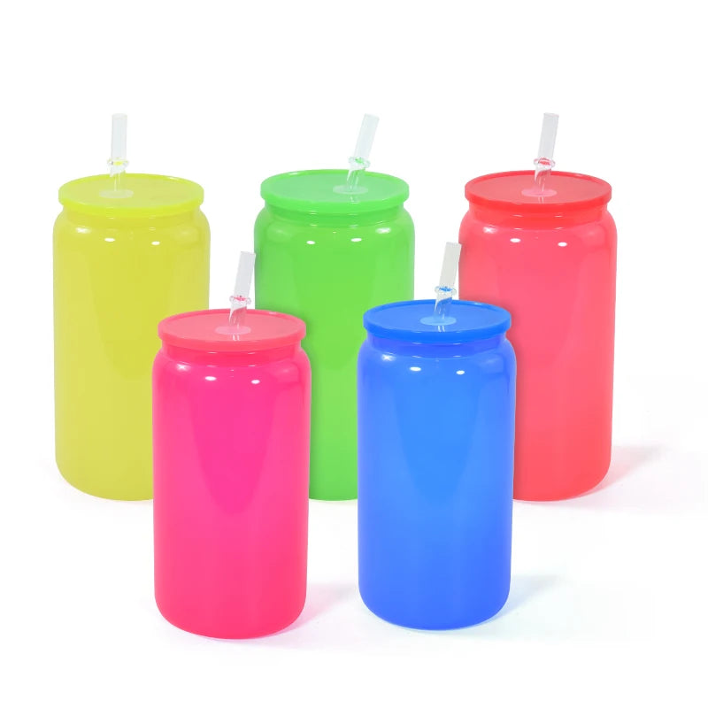 Blank Sublimation Neon Colored 16oz Glass Can Shaped Drinking  Glass With Plastic Lid and Straw