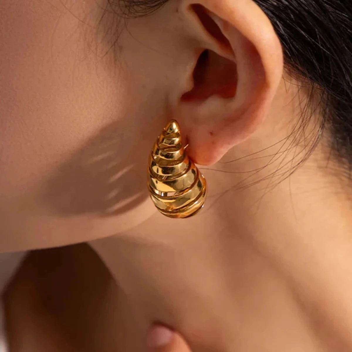 18K Gold Plated Jewelry Stainless Steel Waterproof Large Big Twist Helix Spiral Hollow Chunky Water Drop Fashion Earrings