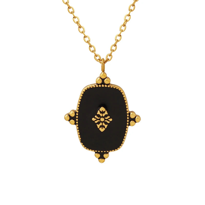 French Palace Style Necklace Dropped Oil Pattern Geometric Pendant Black Necklace