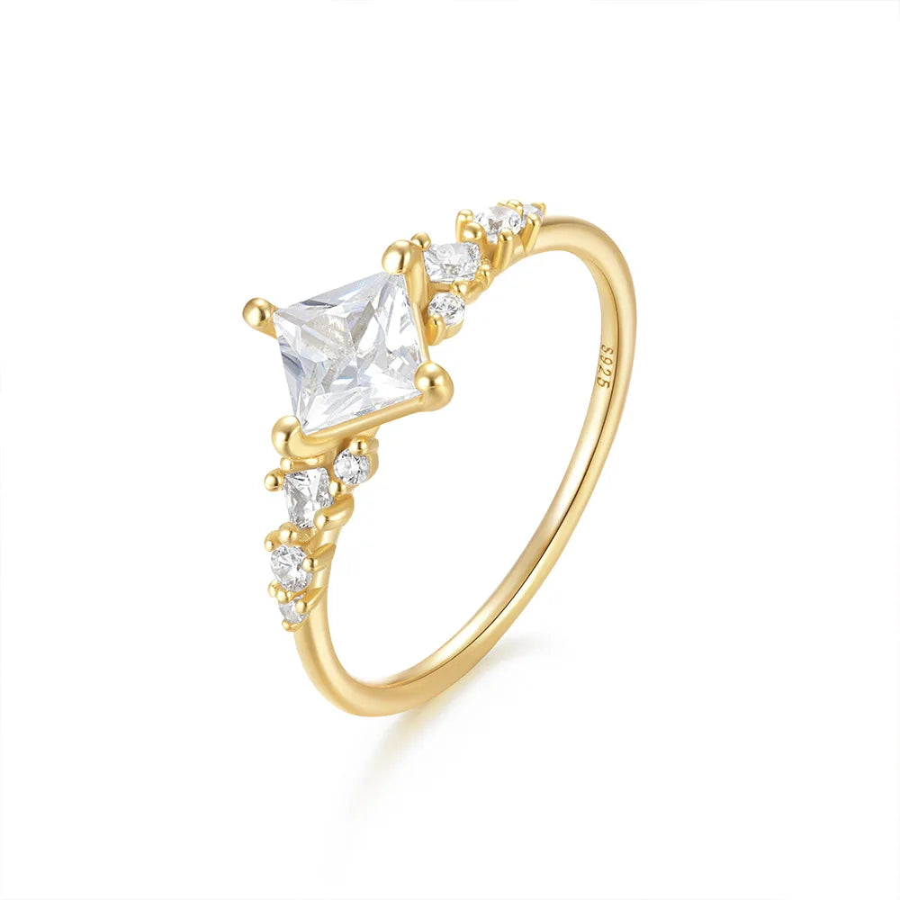High End 18K Gold Plated Square Dainty Zirconia 925 Sterling Silver Wedding Rings for Women Silver Jewelry