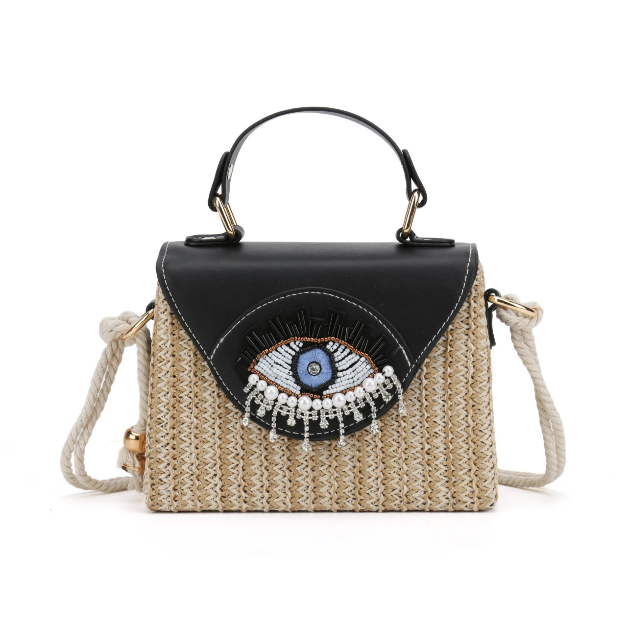 2025 Summer New Straw Beach Bags for Women Eye Embroidered Bohemian Handwoven Purse Small Square Bag