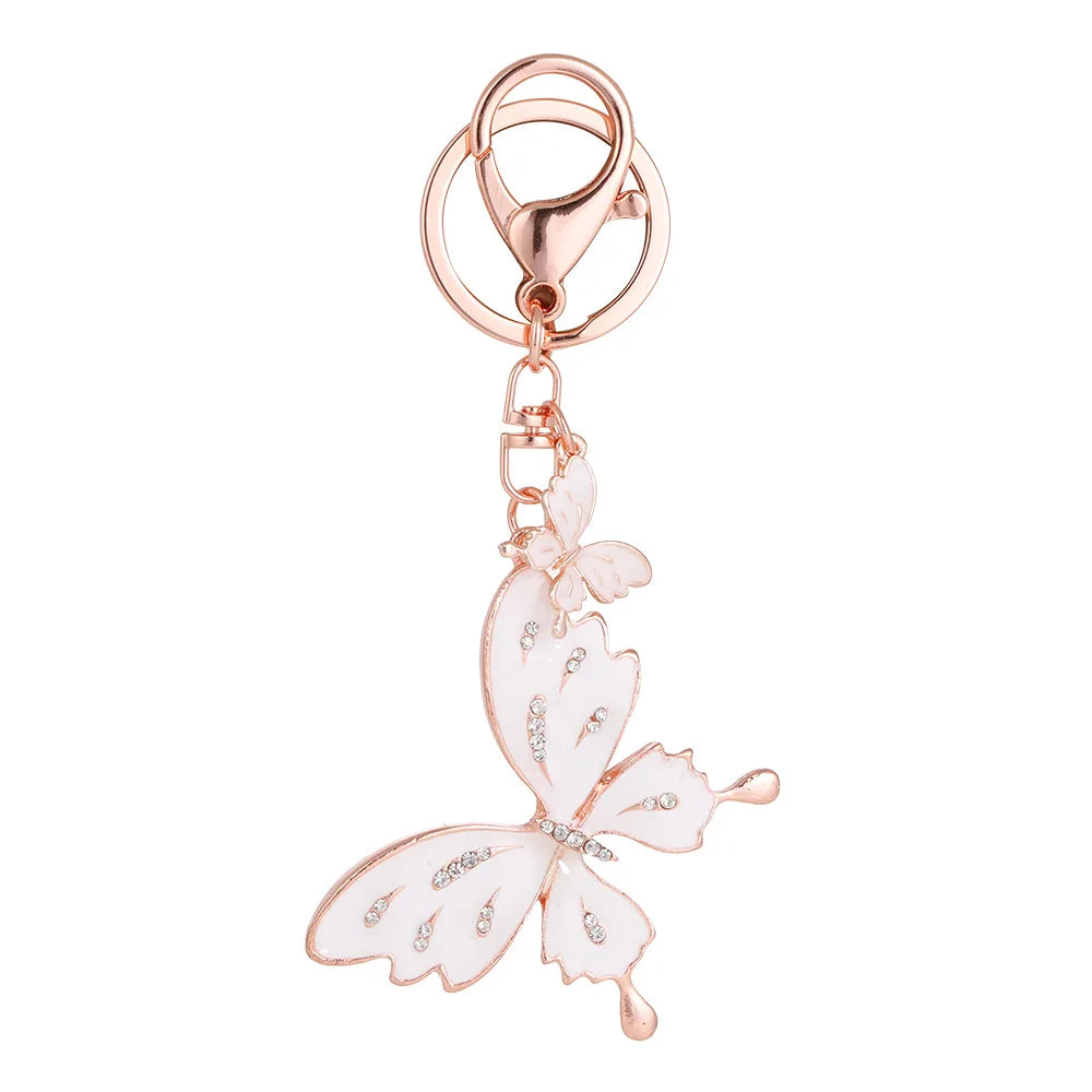 Hot Selling Rose Gold Plated Butterfly Key Ring Rhinestone 2 Butterflies Charm Key Chain for Girl