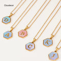 Trendy Pink Hexagon Initial Letter Necklace with Blue Shell 18K Gold Link Chain Stainless Steel Fashion Jewelry