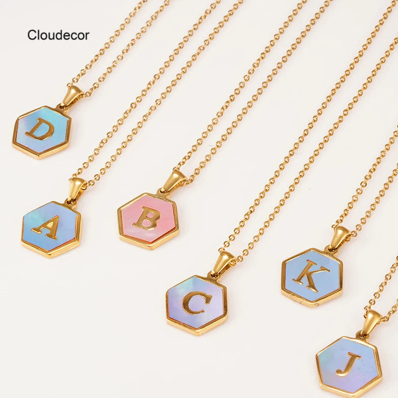 Trendy Pink Hexagon Initial Letter Necklace with Blue Shell 18K Gold Link Chain Stainless Steel Fashion Jewelry