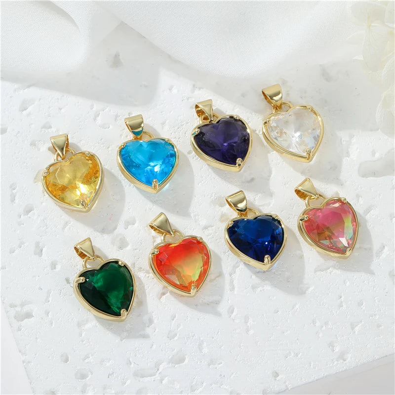 Factory Wholesale Colorful Zircon Heart Pendant Diy Necklace Bracelets Accessories for Jewelry Making Charms