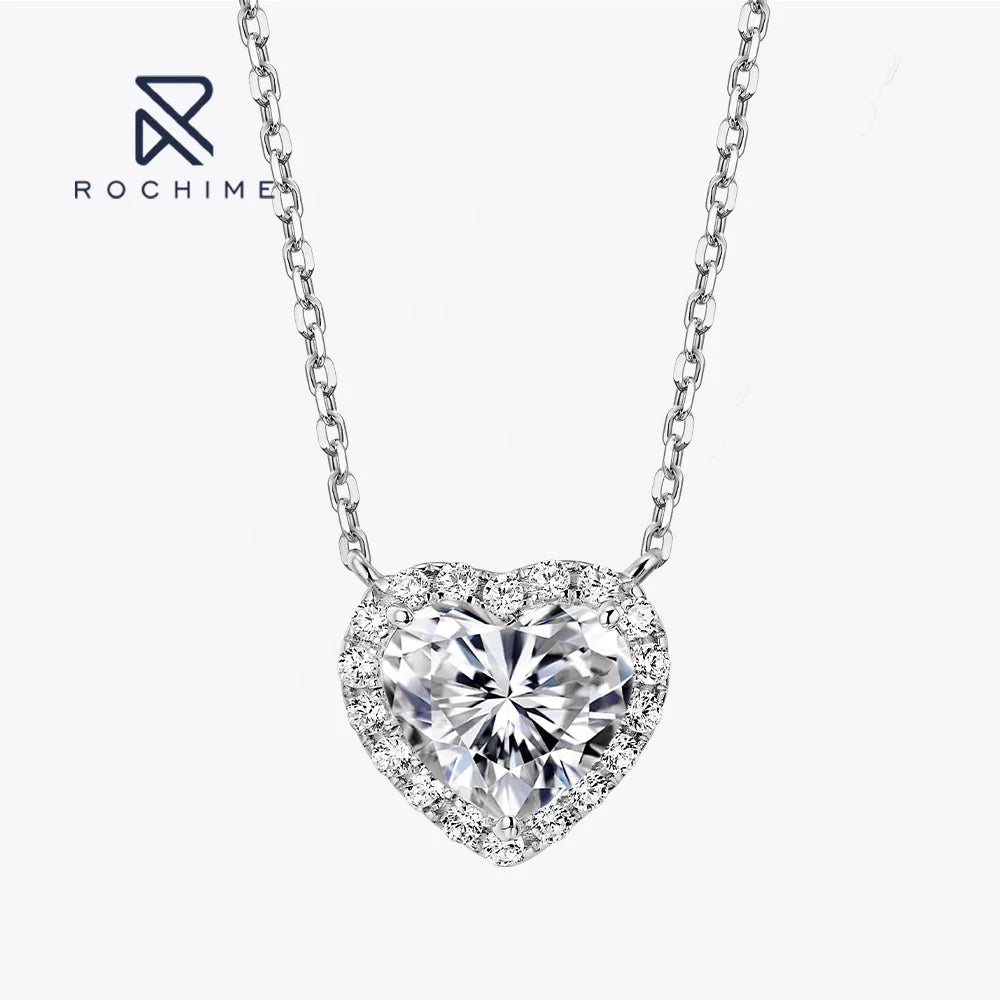 Rochime halo Sweet Pendant Heart Necklace  S925 Silver Rhodium Plated 5a Zircon Jewelry for Women