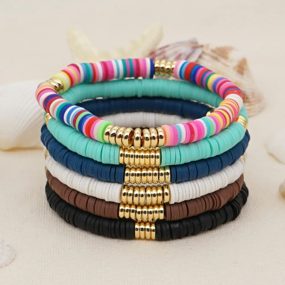 Hotselling Crystal Wholesale Fashion Colorful Clay Beads with Gold Spacer Slice Round Beaded Bracelets