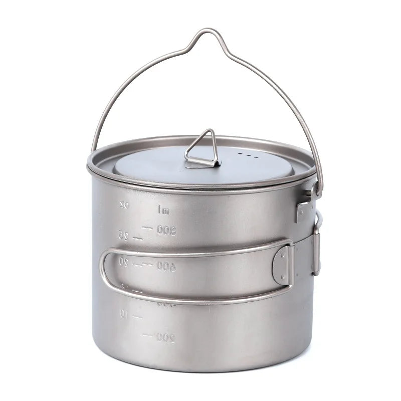 Outdoor 1-2L Pure Titanium Hanging Pot Long Handle Foldable Travel Camping Cookware Portable Gas Induction Ready Instant Noodle