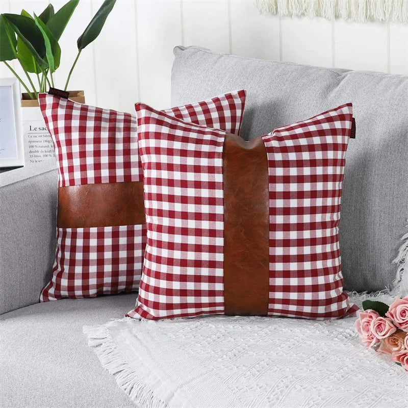 Buffalo Check Plaid Farmhouse Decorative Throw Pillow Covers Boho Accent Faux Leather Pillowcases for Couch Sofa