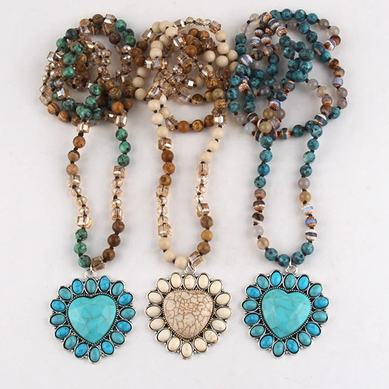Fashion Jewelry 6mm Turquoise Natural Stone Crystal Glass Necklace Alloy Stone Heart Flower  Pendant Necklace