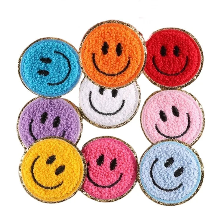 Wholesale 54mm Dia. Smile Face Cloth Stickers Decorative Glitter Chenille Iron on Patches for Clothing