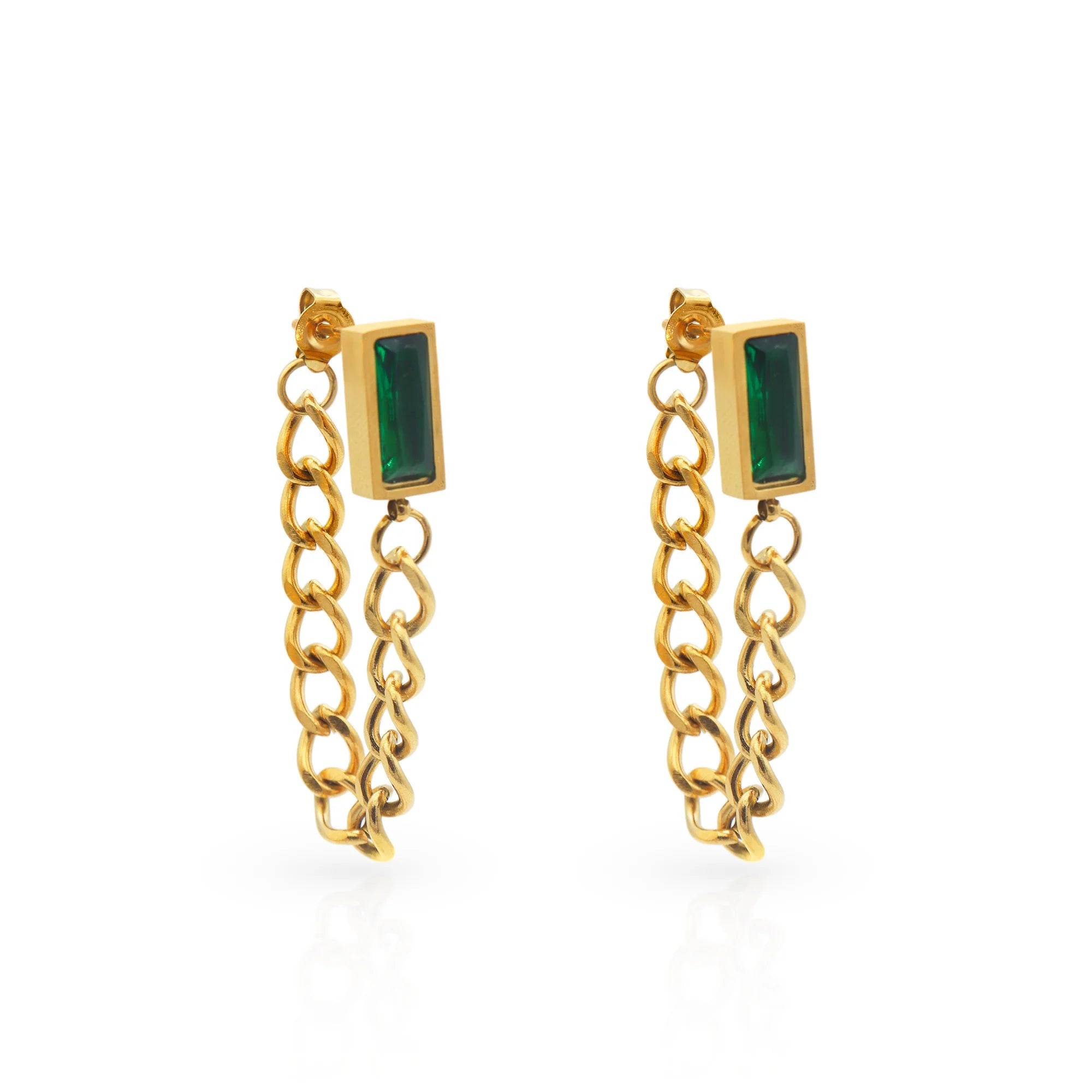 Chris April in Stock Fashion Jewelry 316L Stainless Steel PVD Gold Plated Minimalist Emerald Zircon Tassels Chain Earrings