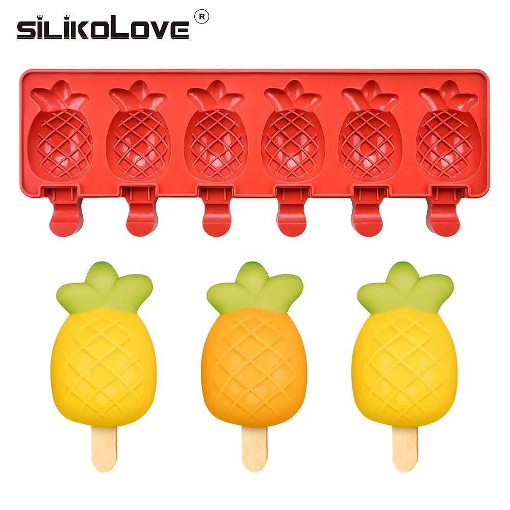 NEW 6 Grids Pineapple Shape Ice Cream Mold Silicone Maker with Popsicle Candy bar Form BPA Free Fruit Ice Lolly Tray Moulds