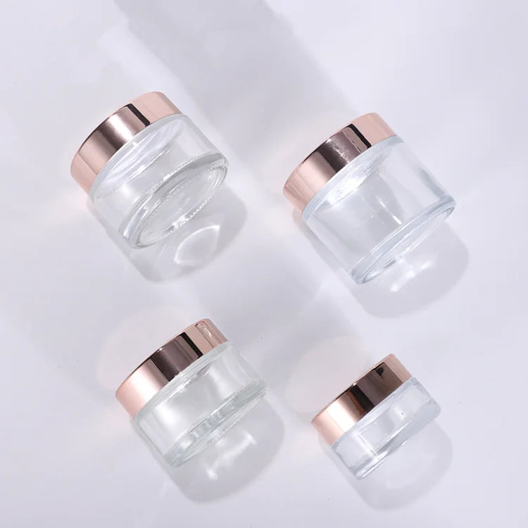 Empty Cream Cosmetic Packaging 5g 10g 15g 20g 30g 50g 100g Skincare Glass Cream Jar with Shinning Rose Gold Lid