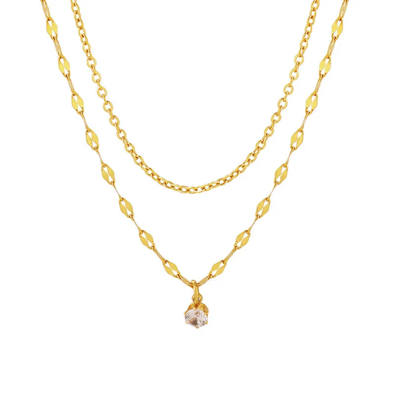 2024 Fashion Temperament Stainless Steel 18K Gold Inlaid Zircon Double Choker Necklace Women Waterproof Jewelry Wholesale