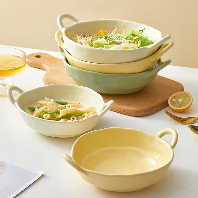 Japanese Handmade Ramen Noodle Bowl Ceramic Salad Pasta Soup Bowl With Handle Kitchen Restaurant Tableware Microwave Baking Bowl