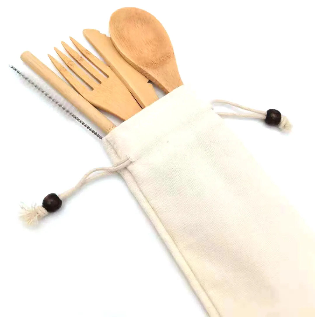 Fast Ship Organic Travel Holiday Gift Bamboo Spoon Fork Knife Set With White Cotton Bag