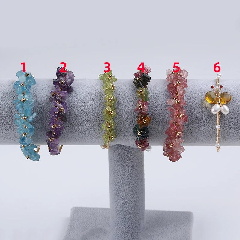 Handmade Ladies Adjustable Fashion Cuff Bracelet Natural Crystal Stone Gravel Style