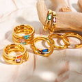 Shiny Gold Plated Colorful Birthstone Ring Stainless Steel Cubic Rectangular Zirconia  Ring