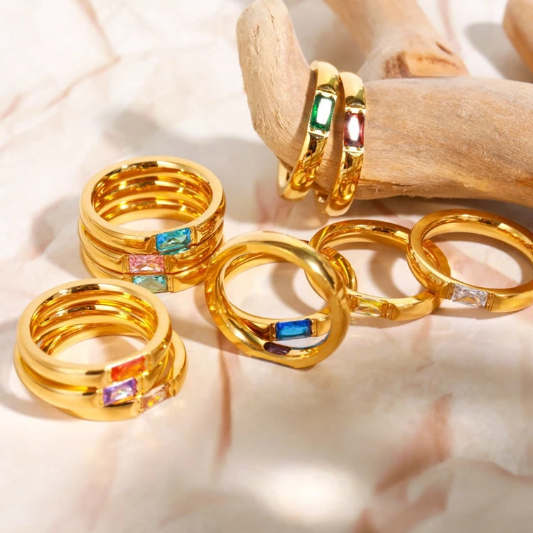 Shiny Gold Plated Colorful Birthstone Ring Stainless Steel Cubic Rectangular Zirconia  Ring