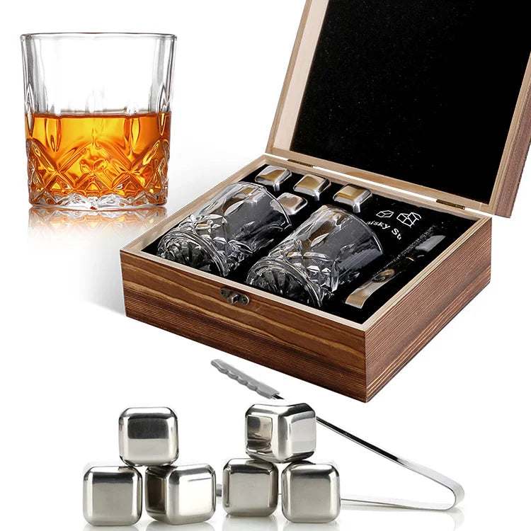 Reusable Stainless Steel Whisky Whiskey Stones Stone Rocks Glasses Set with Wooden Gift Box for Men for Bar Use