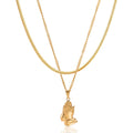 HOVANCI Lucky Stainless Steel Gold Plated Herringbone Necklace Pray Hand Pendant Non Tarnish Multilayered Necklace