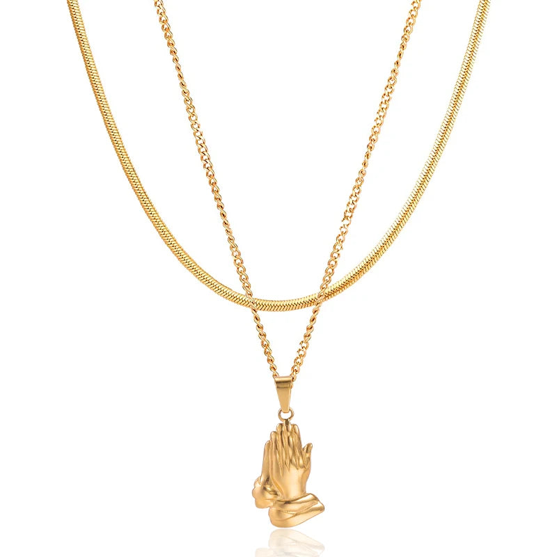 HOVANCI Lucky Stainless Steel Gold Plated Herringbone Necklace Pray Hand Pendant Non Tarnish Multilayered Necklace