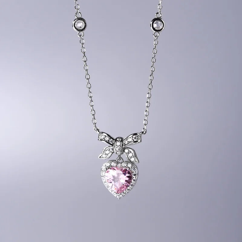 Romantic Bow & Heart Necklace for Women 925 Sterling Silver with Sparkling Pink Cubic Zirconia Delicate Dainty Pendant Gift