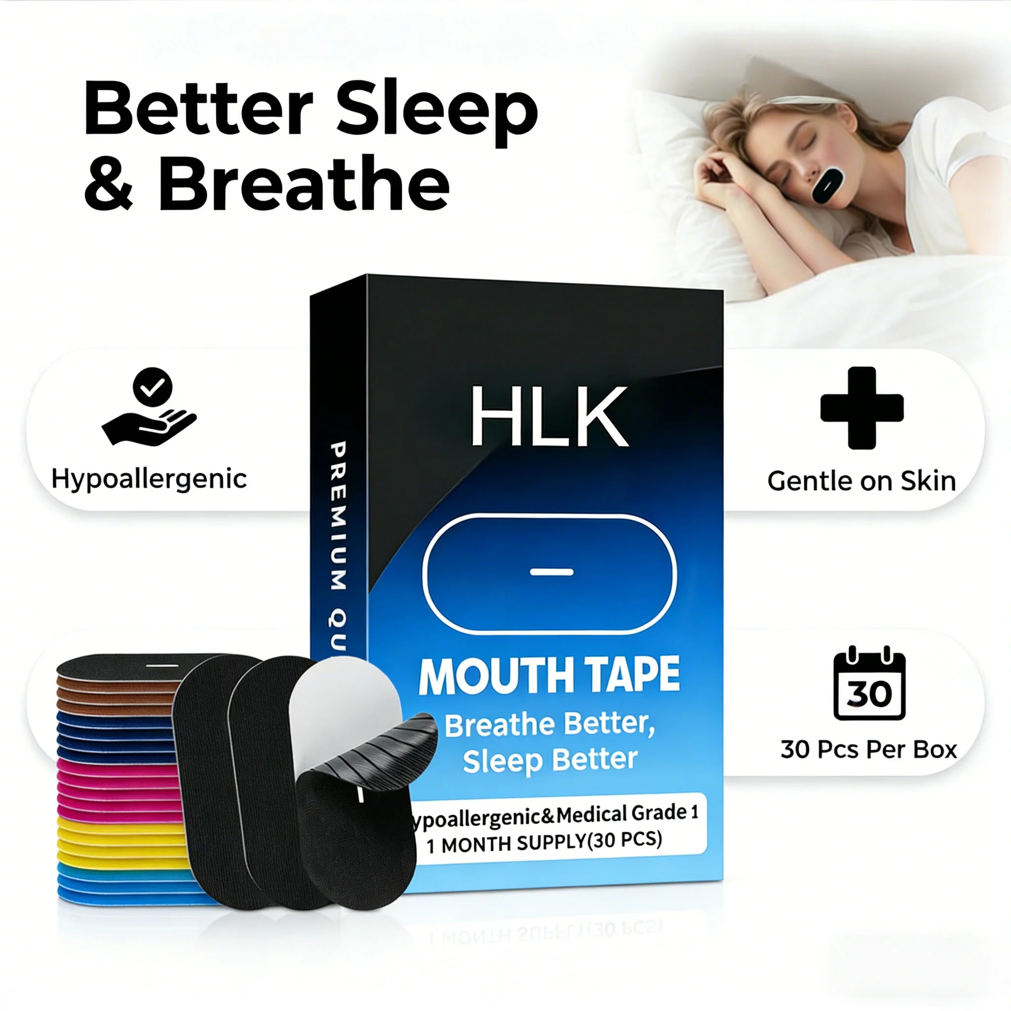HLK Hypoallergenic Cotton Breathable Non Irritating Extra Strength Mouth Tape with Vent Hole for Better Sleep and Silent ODM