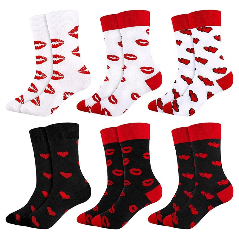 Wholesale Novelty Valentine's Day Lip Heart Socks Men Unisex Funky Funny Couple Cotton Crew Socks