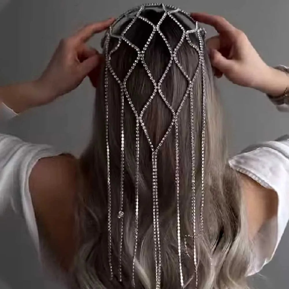 Mesh Tassel Headband Bridal Dress Rhinestone Multi-Layer Rhinestones Tassel Cap Headpiece