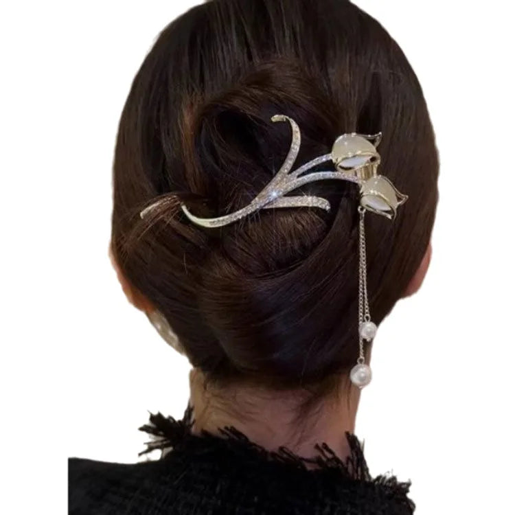 Chinese Style Rhinestone Tulip Flower Hair Chopsticks Hair Clip Sticks Temperament Luxury Tassel Chain Fashion Accessories