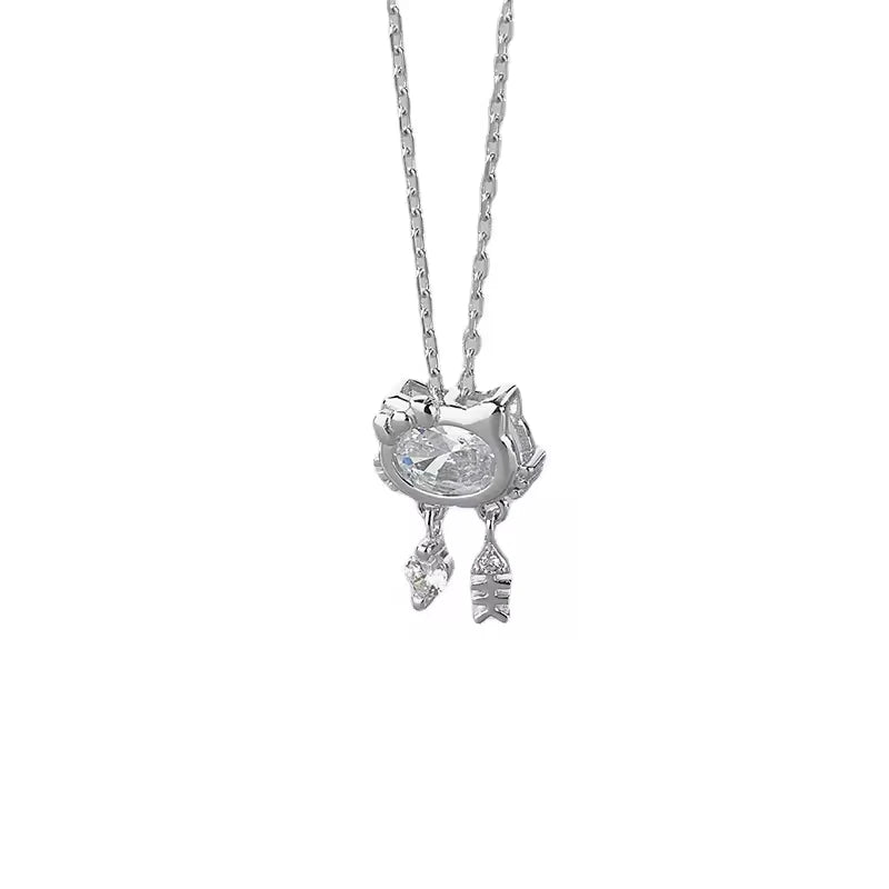 New Design 925 Sterling Silver With Fish Bone Zircon Cute Cat Pendant Necklace