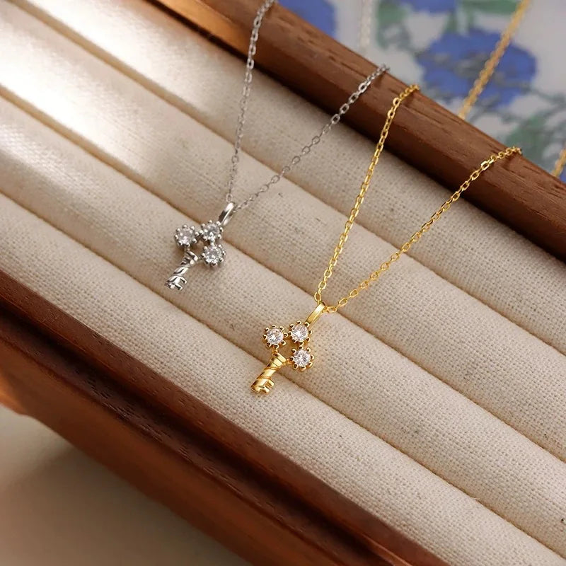 Sweet S925 Sterling Silver Plated with 14K Gold Inlaid with Zircon Key Shaped Pendant Niche Design Light Luxury Compact Necklace