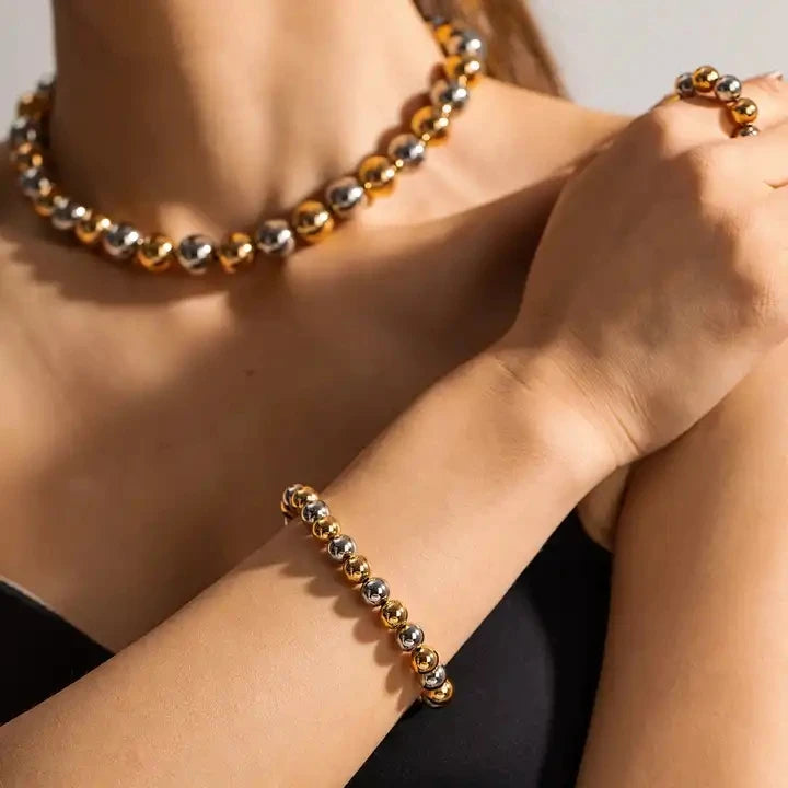 Handmade Jewelry Clean Fit Beaded Bracelet 18K Gold Plated Brass High Polished Hollow Beads Bracelet Necklace Rings for Women