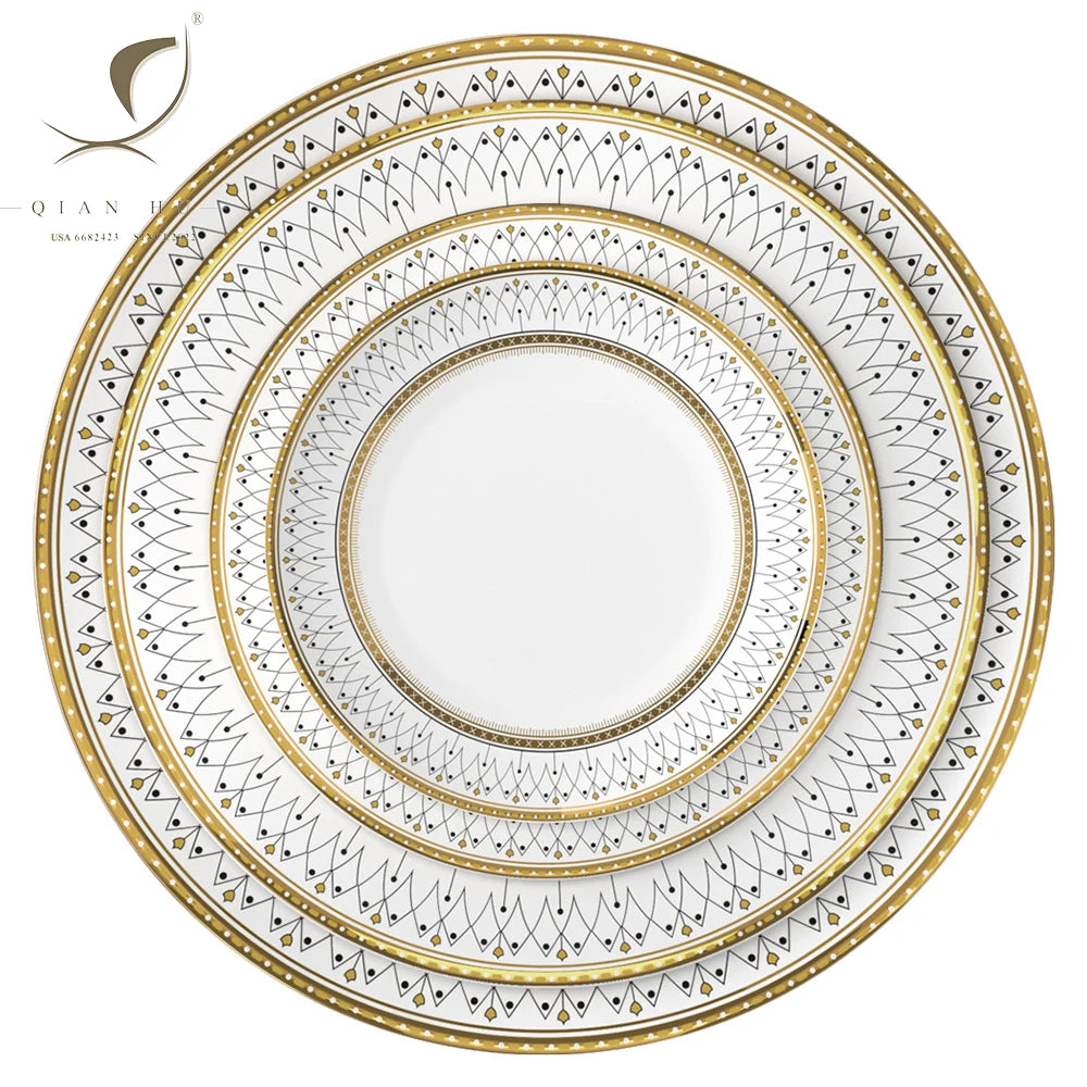 QIAN HU Luxury Gold Rim Bone China Dinner Plates Eco-Friendly Made in China-Wholesale