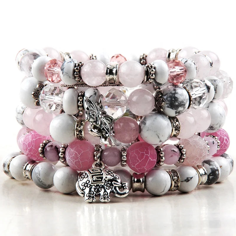 New Beautiful Women Jewelry Pink Quartz White Howlite Natural Stone Crystal Glass Druzy Alloy Leaf Elephant Penadnt Bracelet