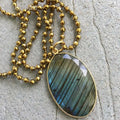 NM21514 Natural Gemstone Labradorite Hematite Oval Shape Pendant Long Beaded Hand Knotted Necklace Gold Plated Festival Jewelry